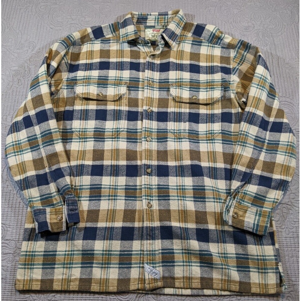 Vintage 90s Levi's Men's Heavyweight Flannel Shirt Shacket Size L Blue Plaid EUC